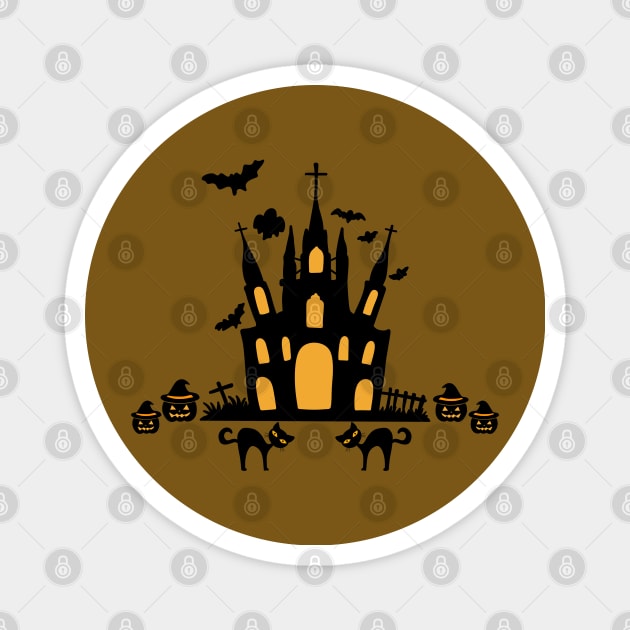 Halloween Pumpkin Black Cat Graveyard Church Magnet by BellaPixel